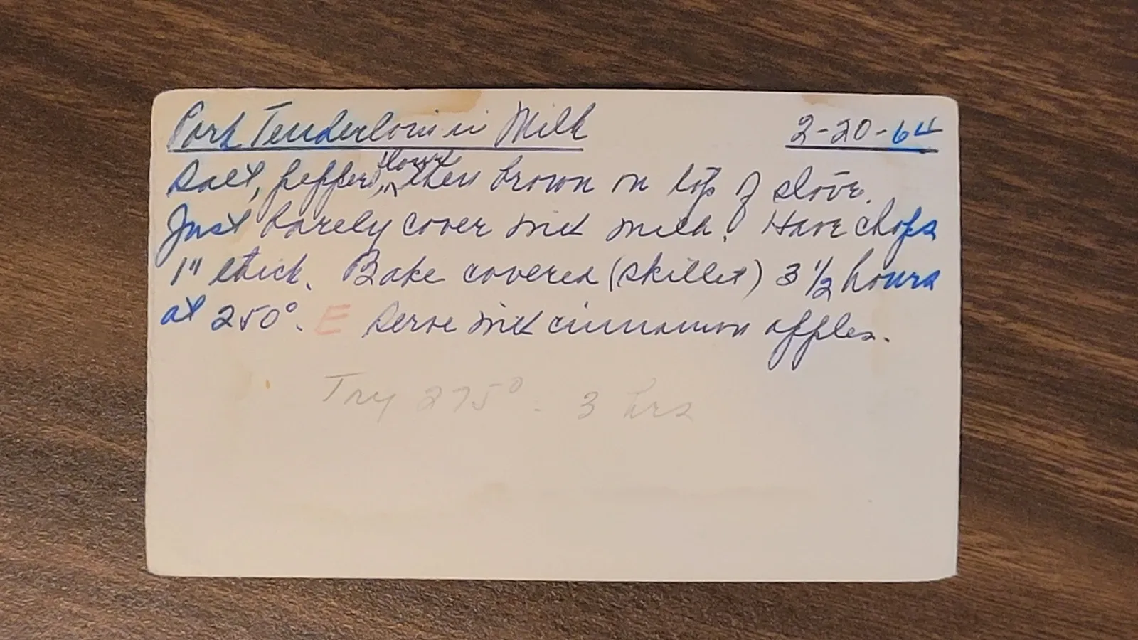 Recipe card scan for Pork Tenderloin in Milk