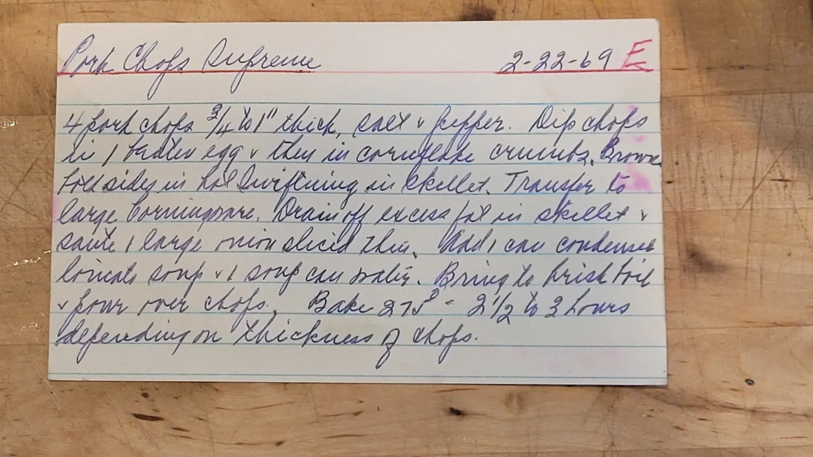 Recipe card scan for Pork Chops Supreme