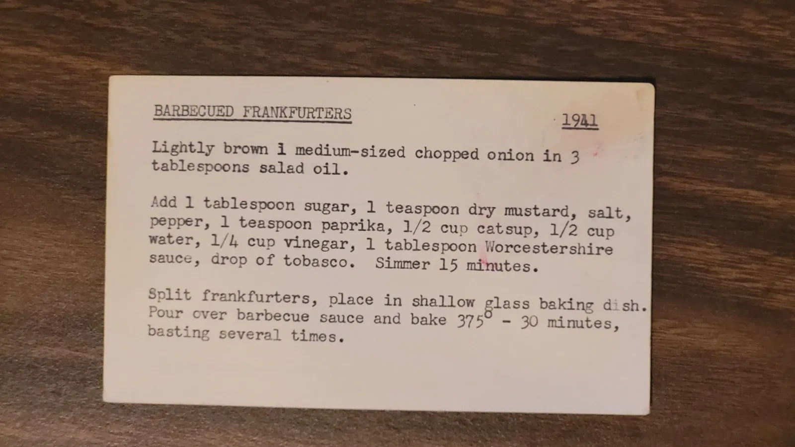 Recipe card scan for Barbecued Frankfurters