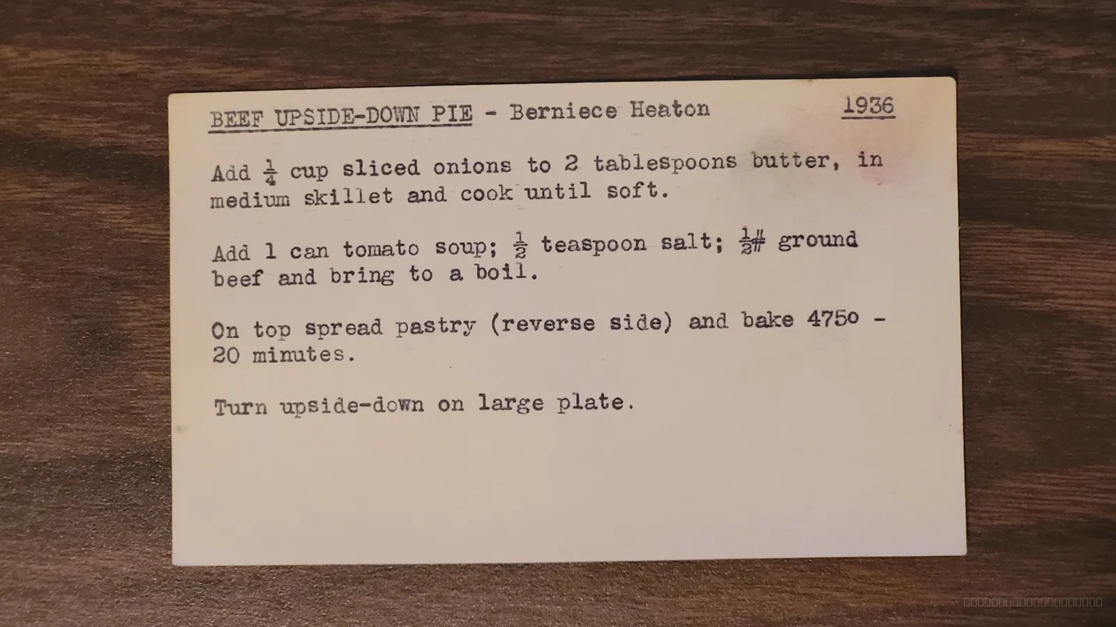 Recipe card scan for Beef Upside-Down Pie