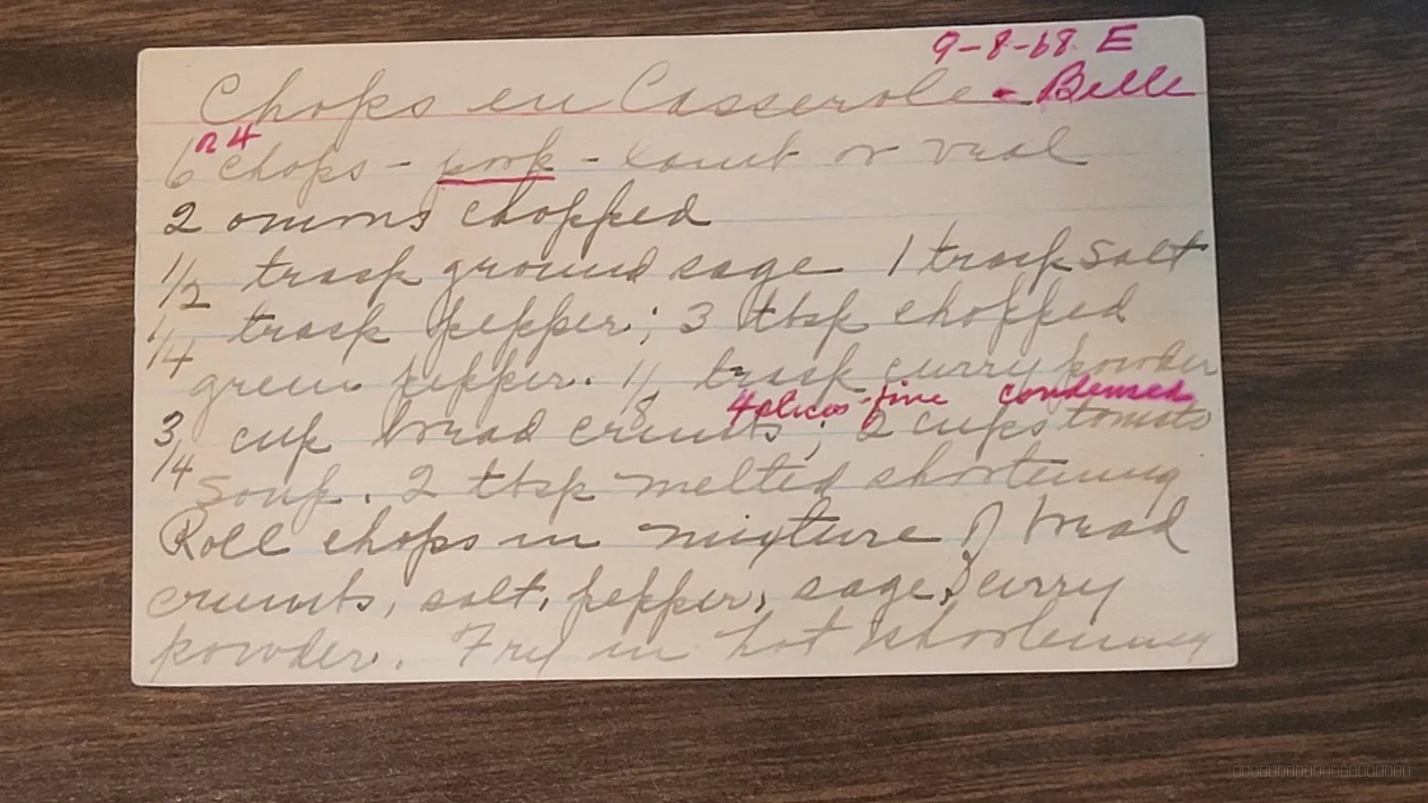 Recipe card scan for Chops in Casserole