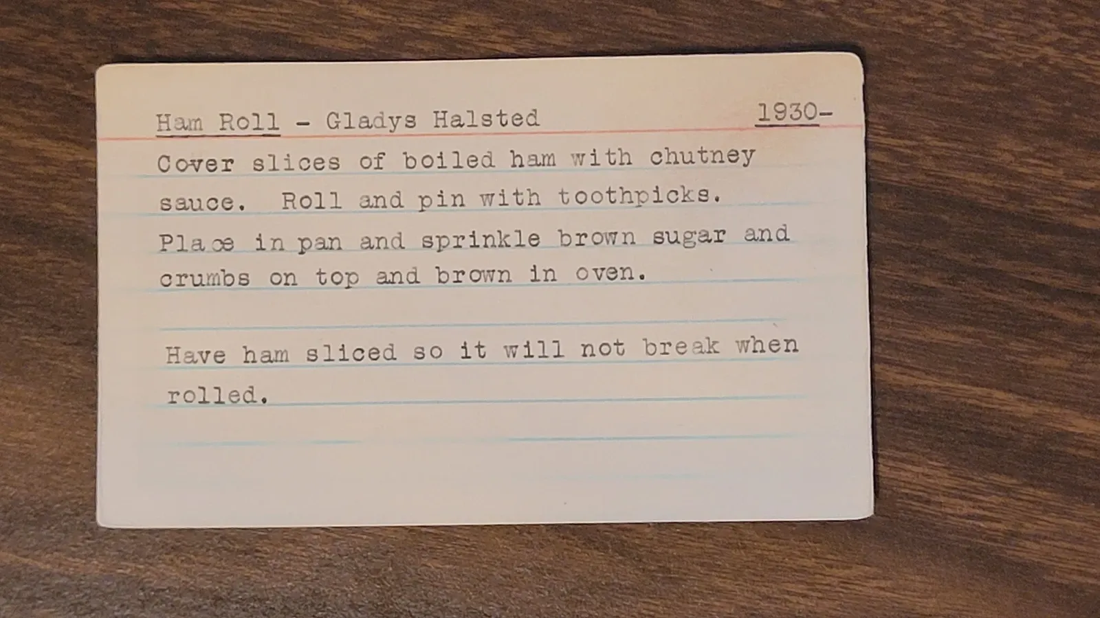 Recipe card scan for Ham Roll