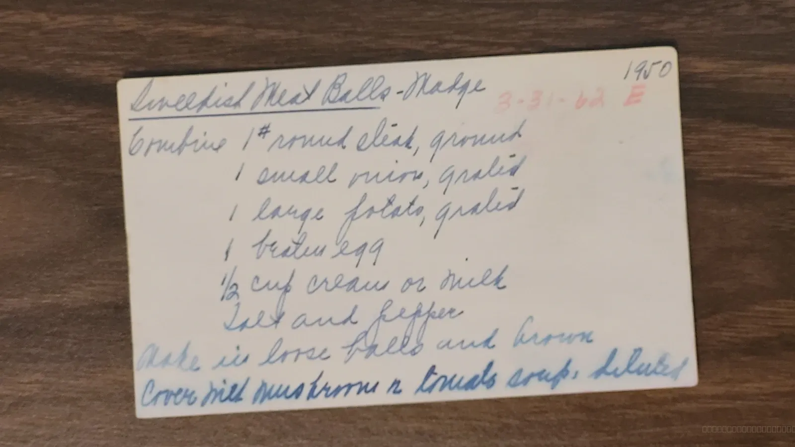 Recipe card scan for Sweedish Meat Balls