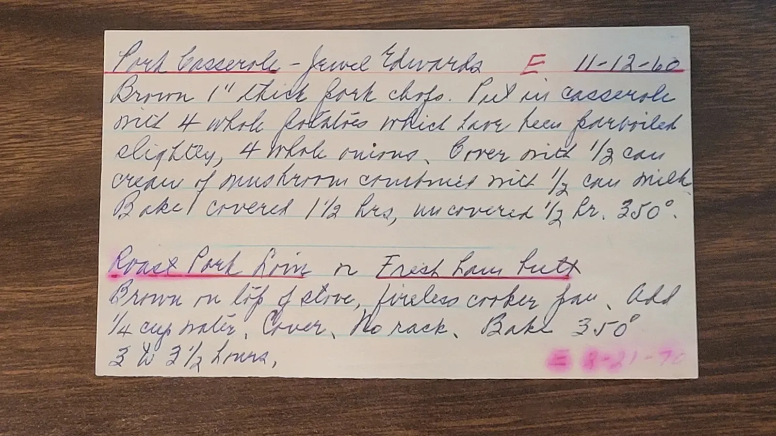 Recipe card scan for Pork Casserole