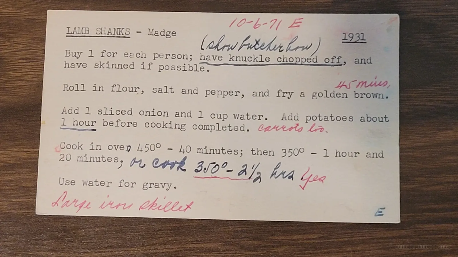 Recipe card scan for Lamb Shanks