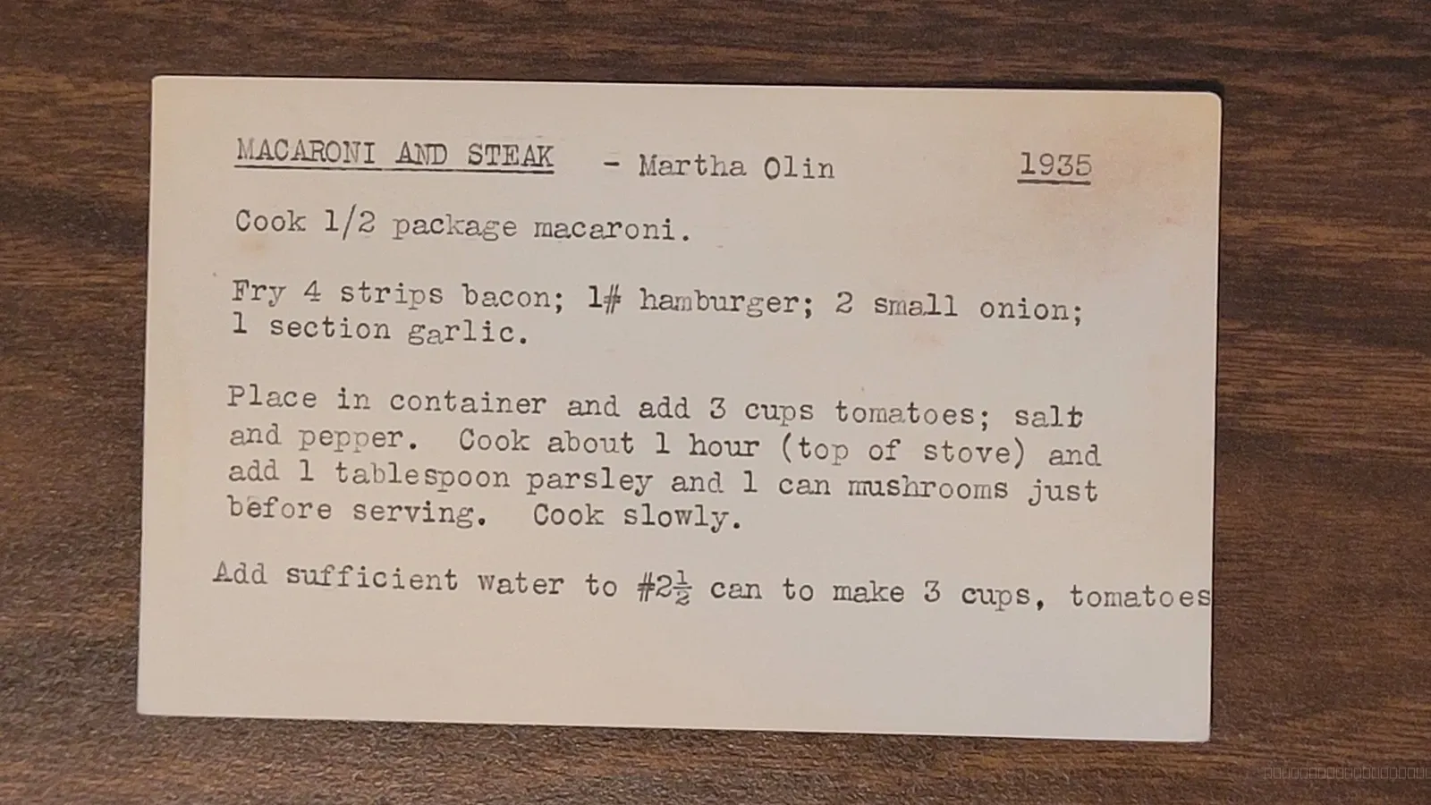Recipe card scan for Macaroni and Steak